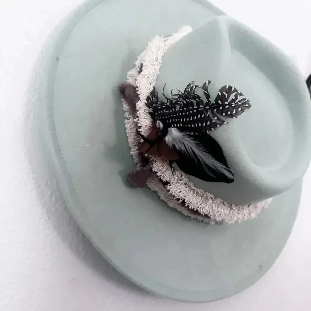 BESPOKE CLOTHING | Artisan Handmade Wool Fedora Hat‎ Mint Green Gray Crm Feather